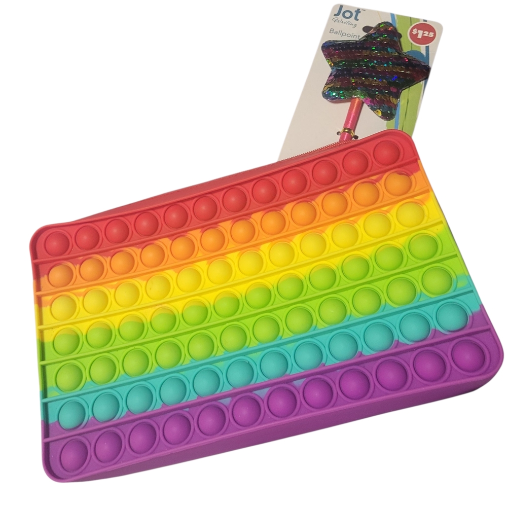 Rainbow Pop It Fidget Case + Flip Sequin Star Pen